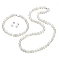 Mode Natural Freshwater Pearl 925 Silberschmuck Sets Großhandel High-End-Frauen Perlen Halskette Armband Ohrring 7-8 mm AAA-Knopf