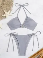 Cuerda floral acanalada para mujeres de corbata gris bikini acolchado bikini set de dos piezas traje de baño