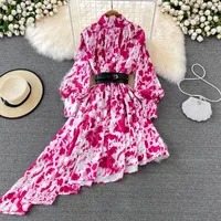 Koreanische Mode Frauen Frühlingssommer Kleid Langarm gedruckt unregelmäßige elegante Strandkleider Plisöses Robe Femme Casual Kleid 2023