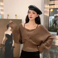 Kadın Sweaters Satışı V yaka sahte iki parçalı uzun kollu kazak örgü kadın Koreli versiyon bel all-fatch sonbahar kış moda