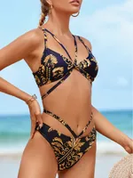 Schwarz bedrucktes Badeanzug Split Strandanzug kreuz und kreuz Bikini Set