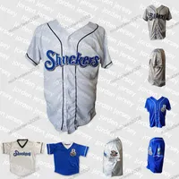 야구 유니폼 새로운 대학 야구 착용 커스텀 야구 유니폼 mens biloxi shuckers 화이트 그레이 블루 커스텀 이중 스티치 셔츠 고품질
