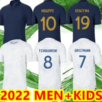 2022 23 Frankrike Benzema Mbappe Soccer Jerseys 22/23 Griezmann Pogba Kante Maillot Foot Kit Top Shirt Dembele Kimpembe Varane Saliba Digne Giroud Football Men Kids Set