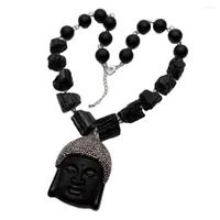 Pendanthalsband 21 '' Natural Black Tourmaline Rough Necklace Matte Onyx Buddha Religous Style Choker for Women Jewelry