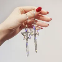 Brincos de argolas charme shiny strinstone estrela de prata cor para mulheres longas tassel jóias de jóias de moda brincos