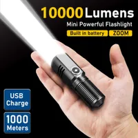 Ficklampor facklor 10000 lumen mini kraftfulla LED -ficklampa xhp50 inbyggd batteri 3 lägen USB -laddningsbar blixtljus EDC Torch Lamp Flashlights L221014