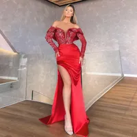 Sexy Plus Size Red Meerjungfrau Prom Kleider von Schulterabendkleidern Pailletten Langarm Sweep Zug Satin formelle Kleid