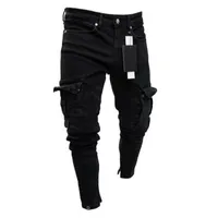 mens designer skinny jeans Black Man Denim Jean Biker Destroyed Frayed Slim Fit Pocket Cargo Pencil Pants Plus Size S-3XL Fashion