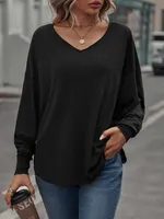Kadın Tişört Kapalı Omuz En İyi Gevşek Gömlek V Yaka Uzun Kollu Batwing Kollu Düğme Sırt Katı