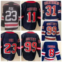 Men Ice Hockey 31 Igor Shesterkin Jersey Reverse Retro 8 Jacob Trouba 99 Wayne Gretzky 11 Mark Messier 23 Adam Fox Navy Blue White Stitched