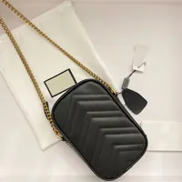 Marmont 휴대 전화 가방 체인 체인 크로스 바디 가방 진짜 가죽 단색 작은 핸드 클러치 지갑 동메달 하드웨어 패션 편지