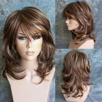 New Women Fashion Medium Side Bang Highlighted Layered Slightly Curled Synthetic Wig