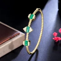 Bangle Threegraces Fashion Green Cubic Zirconia Gold Color Party Luxury Cuff Open for Women Trendy Banquet Jewelry B058