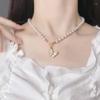Choker Imitation Pearl Chain Necklace Vintage Butterfly Pendant Clavicle Women Metal Jewlery Charms Birthday Gifts