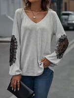T-shirt femminile a manica lunga a V-scollo a V-Casual Contrast Shirt Shirt sciolto