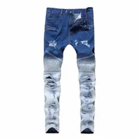 men's Jeans Cool Motorcycle Pleated Denim Pants Slim Fit Individuality Zipper Decorated Skateboard Straight Trousers g4o0#