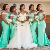 Монетный зеленый африканский с плеча русалка подружки невесты платья по полу рукавицы сексуальная черная девушка свадебная платья для выпускного выпускного вечера платья