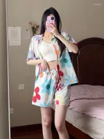 Women's Tracksuits DYLQFS Women Rainbow Floral Print Shirt Set 2022 Summer Home Vacation Casual Top Ladies Short Sleeve Shorts