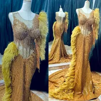 2022 Arabische Aso Ebi Mermaid Gold Prom Dresses Lound Lace Evening Formele feest tweede receptie Verjaardag verlovingsjurken Jurk ZJ732