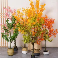 Decorative Flowers Artificial Red Maple Tree Potted Ginkgo Wedding Garden Decoration Home Living Room Cherry Fake Plant