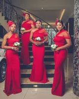 Elegant African Mermaid Bridesmaid Dresses One Shoulder Red Long Wedding Party Dress Customize Vestido De Fiesta De Boda Prom Evening Gowns