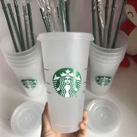 Starbucks 24oz/710ml Tumbler de plástico reutilizável bebida clara bebida de fundo liso Copo de copo de pilar canecas de palha bardia