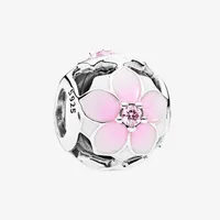 Authentic 925 Sterling Silver DIY Bracelet Charms Jewelry Accessories with Original box for Pandora Openwork Pink Magnolia Flower 2302