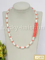 Chains Natural 18" Baroque Twin White Freshwater Pearls Pink Coral Beaded Strand Necklace 18KGP Clasp J11708