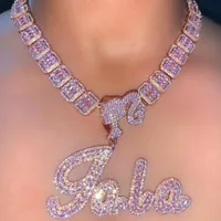 Anhänger Halsketten Uwin eisiges Mädchen Haken Custom Pinsel Kursivbrief Name Halskette Baguettes Kette Pink Personalisiert HipHop Schmuck 221020