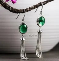 Dangle Earrings 925 Sterling Silver Oval Green Crystal Inlay Long Tassel For Woman Beauty Gem Pretty Gift Fashion Jewelry