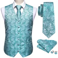 Men&#039;s Vests Men Teal Blue Paisley Suit Vest Silk Waistcoat Formal Ties Cufflinks Pocket Square Set Tuxedo Male Gift Dobby Barry.Wang