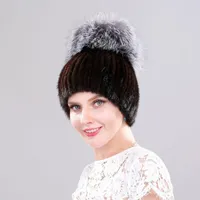 Mützen echter Hut für Frauen Winterhüte mit Luxus Big Pompom Ball Caps Weibliche echte gestrickt