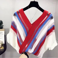 Women's Sweaters 2022 Women's Ice Silk Knit Sweater Summer Contrast Stripe V-neck Bat Sleeve Shirt Women Pullover Thin Top A450