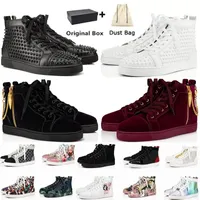 With box 2022 mens shoes Luxurys Designers red bottoms high low tops studded spikes fashion suede leather black silver women flat sneaker Party trainers sneakers