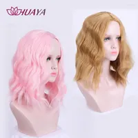 Synthetische pruiken Huaya Blonde/roze Lolita Short Bob Water WAVY Wig Women Heat Resistant Fiber Cosplay Haar