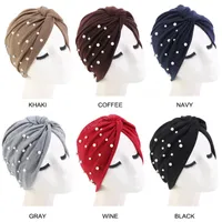 Cotton Turban Hat for Women Twist Head Wrap Pearls Ruffle Folds Muslim India Hat Casual Vintage Elastic Beaded Hijabs Hair Care Caps