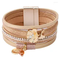 Bracelets de charme amorcome bohemia shrap de couro de shinestone cáqui para mulheres árvore da vida ginkgo pulseira feminina jóias de pulsera