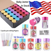 VS Stock 16 stammen Baby Jeeter Accessoires Infused Perolls Glass Tank Jar Flessen 5 Packs Pre Rolling Papers Clear Round Bottle Lege Container 2.5G Bag