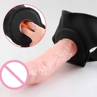 Massager Vibrator Cock Wearable Realistische Strap-on Dildo slipjes Penis Extension Sleeve Harness Hollow Dildos Adult Erotische film Sex Toys For Men