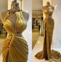 2023 Gold Velvet Prom Dresses Ruched Ruched Long Sweep Train Train Dermaid Evening Party Side Slit High Neck Crystals Roupe De Soiree BC14502 GB1021A3