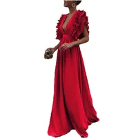 Frauen Sommer Maxi Kleid elegante Damen R￼schen Bl￼tenbl￤tter ￤rmellose R￼ckenless Party Sundress sexy tiefe V-Ausschnitt Lange Vestidos l￤ssig
