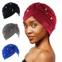 Fashion Muslim Turban Tap Beaded Stretchable for Women Indian Hat, Famale Hijab Pearas blancas Cubierta de cabeza de color s￳lido