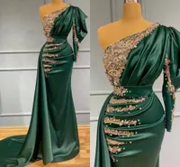 Charming Satin Dark Green Mermaid Evening Dress with Gold Lace Appliques Pearls Beads One Shoulder Pleats Long Formal Occasion Gowns Vestidos de fiesta Prom Dresses