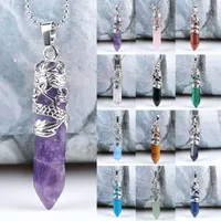 Pendant Necklaces 1pcs Dragon Tribe Natural Quartz Hexagonal Crystal Chakra Healing Point Silver Vine Necklace Jewelry GiftsPendant