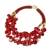 Chains JK 20&quot; 2 Strands Red Coral Agate Statement Necklace