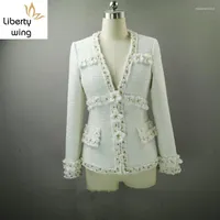 Women's Jackets Top Brand Women High Quality Tweed Coat Flowers Aapplique White Lady Slim Fit Jacket Twill Spliced Pearls Beading V Neck