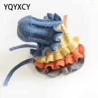 Hats YQYXCY Autumn Winter For Children Girls Boys Knitted Hat Kids Baby Beanies Lovely Warm Flower Brim With Band Beanie