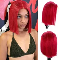 Red Human Hair Krótka peruka Bob 180% gęstość Blueless 13x1 proste miękkie koronkowe peruki przedechowane