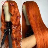 Orange ingef￤ra spets fram peruk ben rakt m￤nskligt h￥r frontala kropp v￥g brasilian t del st￤ngning peruker 180%