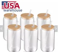 US Warehouse 16oz Mok rechtdoor lege sublimatie Frosted Clear Transparant Coffee Glass Cup Tumblers met bamboe -deksel en stro 1025